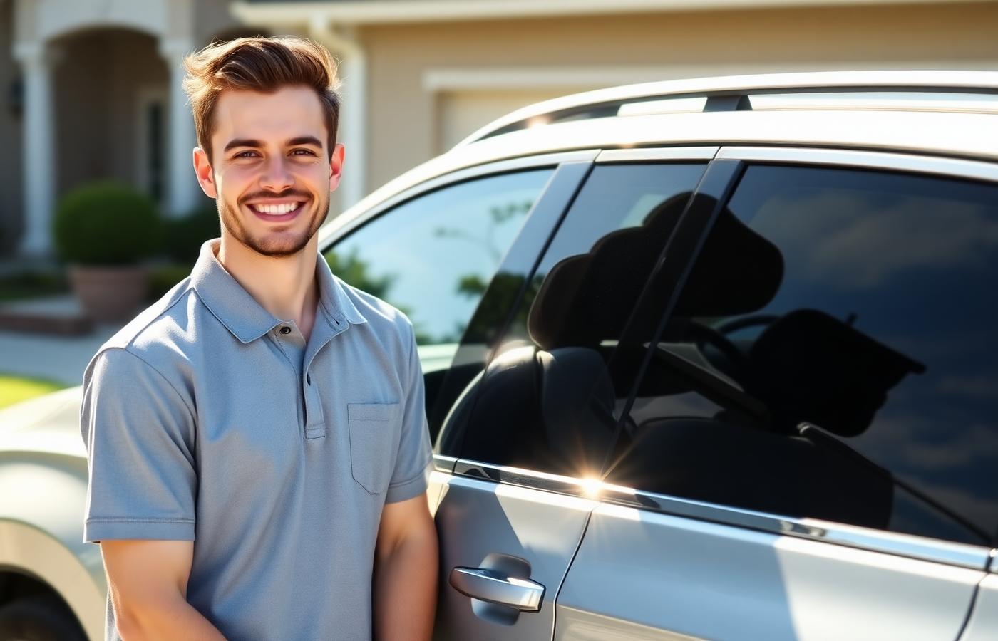 Mobile detailer working outdoors on a customer's car in the driveway