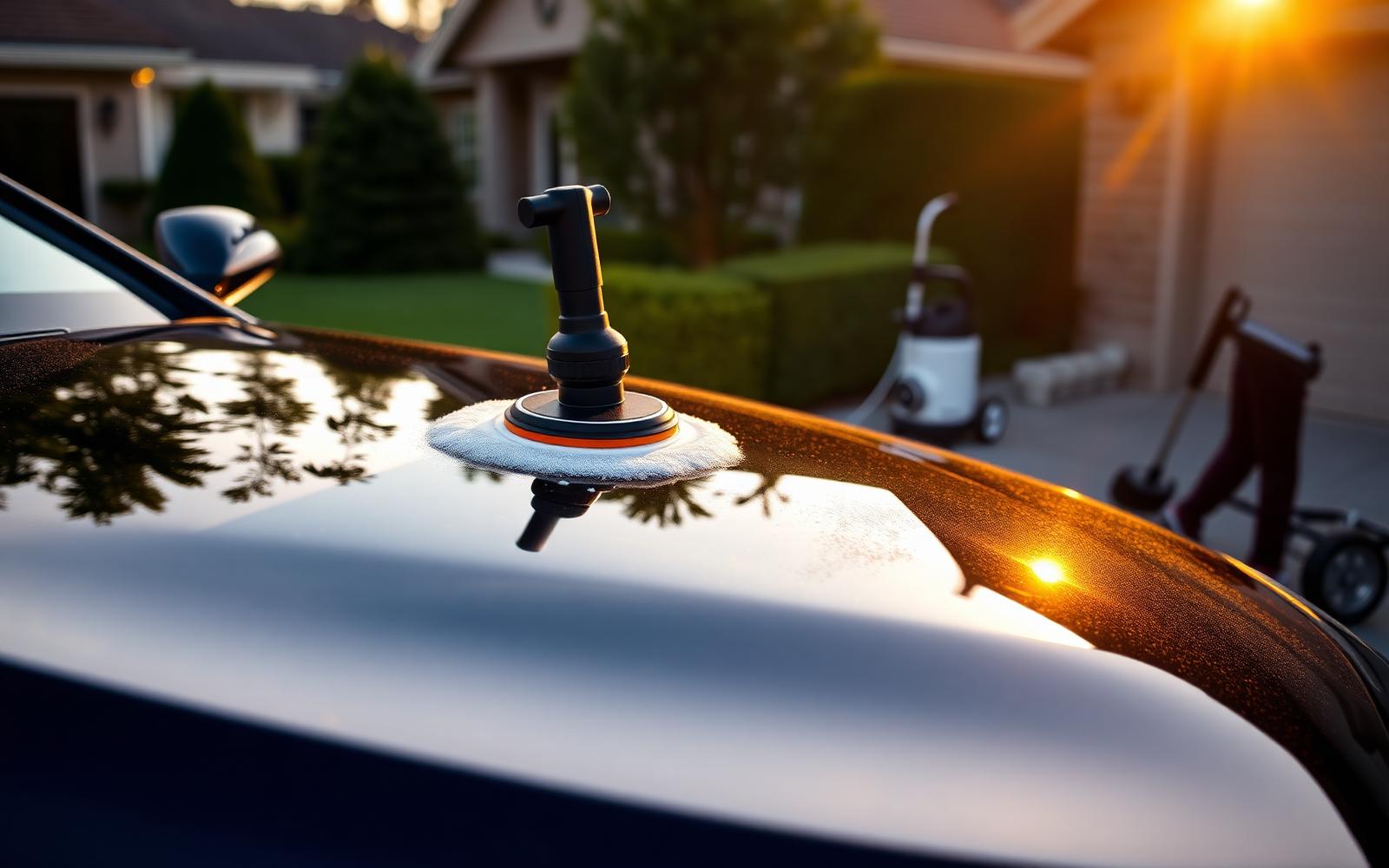 Professional mobile auto detailer polishing a luxury car with a dual-action polisher